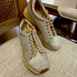 OTBT Meridian Platform Leather Sneakers, Metallic Silver Perforated Espadrilles